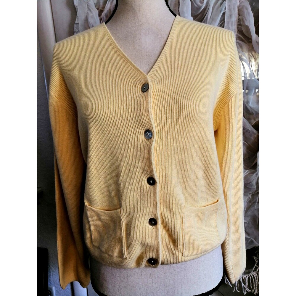 Vintage Women Cotton Knit Ribbed Cardigan Yellow Pockets Made in Australia